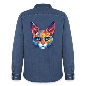 Pixie Bob Katze Bunte Aquarell Haustier Illustration - Männer Jeanshemd Organic von Stanley/Stella - verwaschenes Mittelblau  - Hinten - AI Model Male 185 light (185cm)