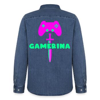 GAMERINA Neon Sword Logo - Männer Jeanshemd Organic von Stanley/Stella - verwaschenes Mittelblau  - Hinten - AI Model Male 185 light (185cm)