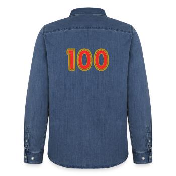100. 100 YEARS. 100th ANNIVERSARY. 100 BIRTHDAY - Men’s Organic Denim Shirt by Stanley/Stella - mid washy  - Back - AI Model Male 185 light (185cm)
