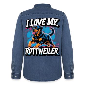 J’adore mon Rottweiler - Chemise en denim homme bio Stanley/Stella - bleu moyen délavé  - Dos - AI Model Male 185 light (185cm)