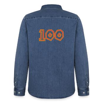 100. 100 YEARS. 100th ANNIVERSARY. BIRTHDAY 100 - Men’s Organic Denim Shirt by Stanley/Stella - mid washy  - Back - AI Model Male 185 light (185cm)