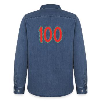 100. 100 YEARS. 100th ANNIVERSARY. BIRTHDAY 100 - Men’s Organic Denim Shirt by Stanley/Stella - mid washy  - Back - AI Model Male 185 light (185cm)