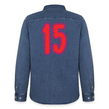 HAPPY BIRTHDAY. HAPPY BIRTHDAY. ANNIVERSARY. - Men’s Organic Denim Shirt by Stanley/Stella - mid washy  - Back - AI Model Male 185 light (185cm)