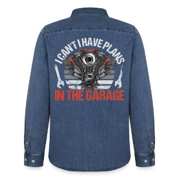 Je ne peux pas, j’ai des plans dans le garage | Motorcycle Moto - Chemise en denim homme bio Stanley/Stella - bleu moyen délavé  - Dos - AI Model Male 185 light (185cm)