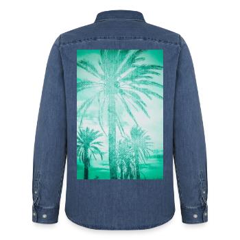 Mintteal Palm Tree Panorama - Men’s Organic Denim Shirt by Stanley/Stella - mid washy  - Back - AI Model Male 185 light (185cm)