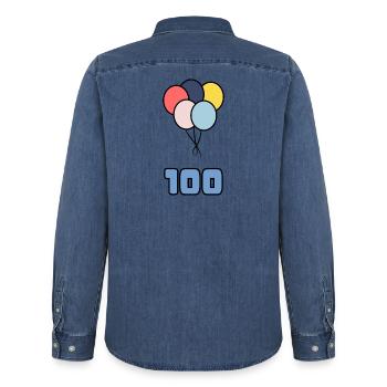 100. 100 YEARS. 100th ANNIVERSARY. BIRTHDAY 100 - Men’s Organic Denim Shirt by Stanley/Stella - mid washy  - Back - AI Model Male 185 light (185cm)