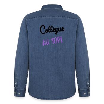 RETRAITE. RETRAITE. RETRAITEE. BONNE RETRAITE - Chemise en denim homme bio Stanley/Stella - bleu moyen délavé  - Dos - AI Model Male 185 light (185cm)