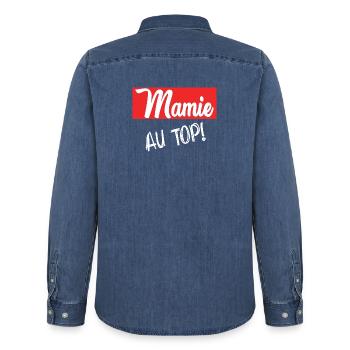 MAMIE. GRAND-MERE. FÊTE DES MÈRES. BONNE FÊTE - Chemise en denim homme bio Stanley/Stella - bleu moyen délavé  - Dos - AI Model Male 185 light (185cm)