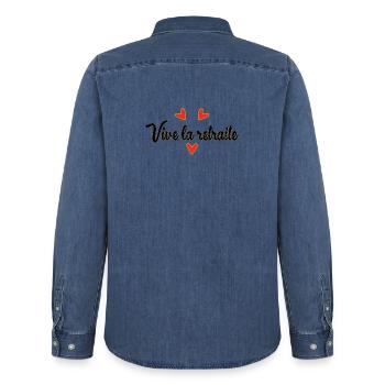 RETIREMENT. HAPPY RETIREMENT. HAPPY RETIREMENT - Men’s Organic Denim Shirt by Stanley/Stella - mid washy  - Back - AI Model Male 185 light (185cm)