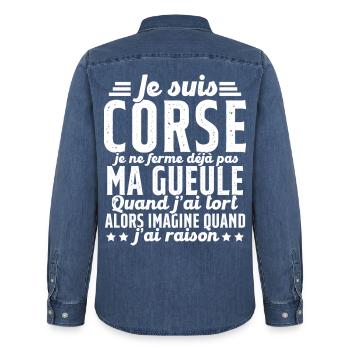 Corse je ne ferme pas ma gueule cadeau humour - Chemise en denim homme bio Stanley/Stella - bleu moyen délavé  - Dos - AI Model Male 185 light (185cm)