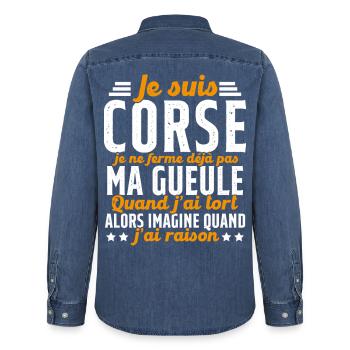 Corse je ne ferme pas ma gueule cadeau humour - Chemise en denim homme bio Stanley/Stella - bleu moyen délavé  - Dos - AI Model Male 185 light (185cm)