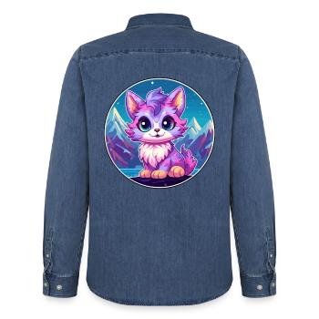 Pixie Cat Bunte Karikatur Aquarell Illustration - Männer Jeanshemd Organic von Stanley/Stella - verwaschenes Mittelblau  - Hinten - AI Model Male 185 light (185cm)
