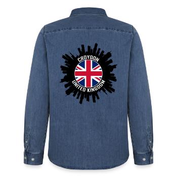 Croydon Skyline UK Flagge Reise-Souvenir - Männer Jeanshemd Organic von Stanley/Stella - verwaschenes Mittelblau  - Hinten - AI Model Male 185 light (185cm)