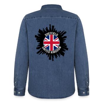 Sheffield Skyline UK Flagge Reisesouvenir - Männer Jeanshemd Organic von Stanley/Stella - verwaschenes Mittelblau  - Hinten - AI Model Male 185 light (185cm)