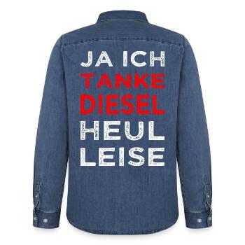 Ich Tanke Diesel Dieseltanker Anti Grüne CO2 - Männer Jeanshemd Organic von Stanley/Stella - verwaschenes Mittelblau  - Hinten - AI Model Male 185 light (185cm)