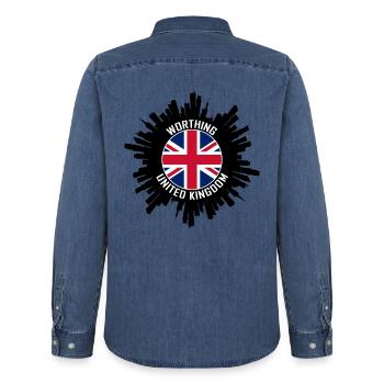 Worthing Skyline UK Flagge Reise-Souvenir - Männer Jeanshemd Organic von Stanley/Stella - verwaschenes Mittelblau  - Hinten - AI Model Male 185 light (185cm)
