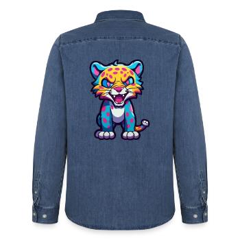 Jaguar Buntes Aquarell Cartoon Kawaii Tier - Männer Jeanshemd Organic von Stanley/Stella - verwaschenes Mittelblau  - Hinten - AI Model Male 185 light (185cm)