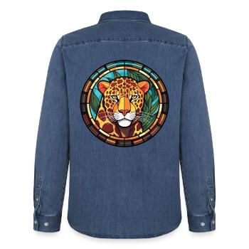 Jaguar Buntes Aquarell Tier Haustier Illustration - Männer Jeanshemd Organic von Stanley/Stella - verwaschenes Mittelblau  - Hinten - AI Model Male 185 light (185cm)