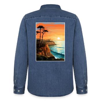 Sonnenuntergang Klippen Kalifornien Vintage Reiseposter WPA - Männer Jeanshemd Organic von Stanley/Stella - verwaschenes Mittelblau  - Hinten - AI Model Male 185 light (185cm)