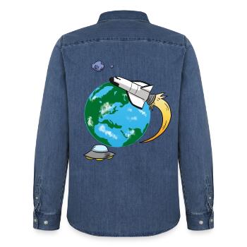 Fliegende Rakete - Männer Jeanshemd Organic von Stanley/Stella - verwaschenes Mittelblau  - Hinten - AI Model Male 185 light (185cm)