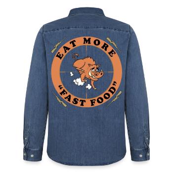 Jagen – Mehr Fast Food essen – von OBV - Männer Jeanshemd Organic von Stanley/Stella - verwaschenes Mittelblau  - Hinten - AI Model Male 185 light (185cm)