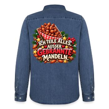 Ich teile alles außer gebrannte Mandeln - Männer Jeanshemd Organic von Stanley/Stella - verwaschenes Mittelblau  - Hinten - AI Model Male 185 light (185cm)