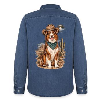 Australian Shepherd Cowboy – Vater von Western Australia - Männer Jeanshemd Organic von Stanley/Stella - verwaschenes Mittelblau  - Hinten - AI Model Male 185 light (185cm)