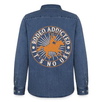 Western Rider Rodeo Addicted Cowgirl Rodeo - Männer Jeanshemd Organic von Stanley/Stella - verwaschenes Mittelblau  - Hinten - AI Model Male 185 light (185cm)
