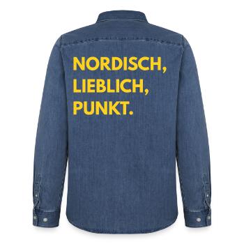 Auf den Punkt GELB - Männer Jeanshemd Organic von Stanley/Stella - verwaschenes Mittelblau  - Hinten - AI Model Male 185 light (185cm)