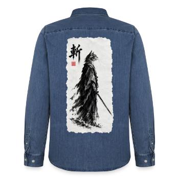 Samurai Katzensamurai  - Männer Jeanshemd Organic von Stanley/Stella - verwaschenes Mittelblau  - Hinten - AI Model Male 185 light (185cm)