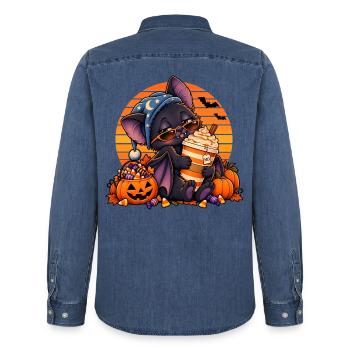 Halloween Fledermaus-Arzt mit Kaffee - Männer Jeanshemd Organic von Stanley/Stella - verwaschenes Mittelblau  - Hinten - AI Model Male 185 light (185cm)