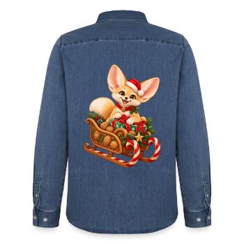 Fennek mit weihnachtlichem Nussschlitten - Männer Jeanshemd Organic von Stanley/Stella - verwaschenes Mittelblau  - Hinten - AI Model Male 185 light (185cm)