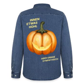 Innen etwas hohl, aber grinse sympathisch - Kürbis - Männer Jeanshemd Organic von Stanley/Stella - verwaschenes Mittelblau  - Hinten - AI Model Male 185 light (185cm)