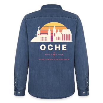 Oche Retro Sunset Skyline Stadt Karls des Großen - Männer Jeanshemd Organic von Stanley/Stella - verwaschenes Mittelblau  - Hinten - AI Model Male 185 light (185cm)