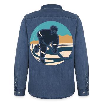 Eishockeyspieler Grafik - Männer Jeanshemd Organic von Stanley/Stella - verwaschenes Mittelblau  - Hinten - AI Model Male 185 light (185cm)