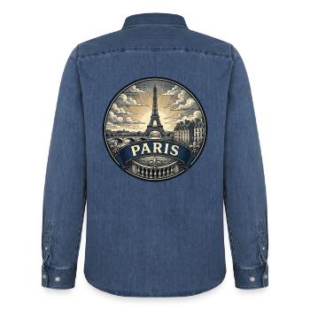 Paris, Frankreich Reiseabzeichen Eiffelturm-Souvenir - Männer Jeanshemd Organic von Stanley/Stella - verwaschenes Mittelblau  - Hinten - AI Model Male 185 light (185cm)