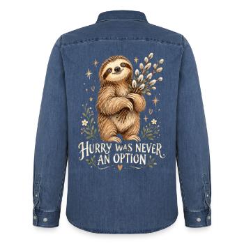 Faultierheld mit Zweigen - Männer Jeanshemd Organic von Stanley/Stella - verwaschenes Mittelblau  - Hinten - AI Model Male 185 light (185cm)