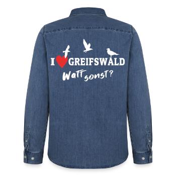 I Love Greifswald Ich Liebe Greifswald - Männer Jeanshemd Organic von Stanley/Stella - verwaschenes Mittelblau  - Hinten - AI Model Male 185 light (185cm)