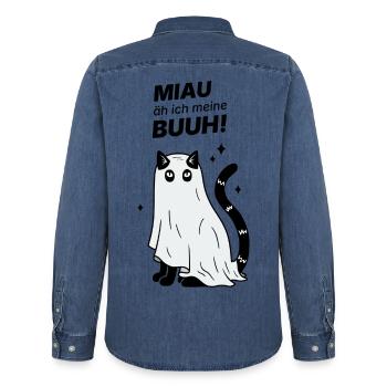 Miau äh ich meine Buuh! - Katze Gespenst Halloween - Männer Jeanshemd Organic von Stanley/Stella - verwaschenes Mittelblau  - Hinten - AI Model Male 185 light (185cm)