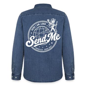  Hier Bin Ich, Herr, Sende Mir Jesaja 6 8 Seoul - Männer Jeanshemd Organic von Stanley/Stella - verwaschenes Mittelblau  - Hinten - AI Model Male 185 light (185cm)