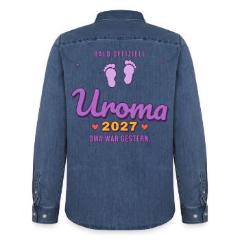 Uroma 2027 – Oma war gestern - Männer Jeanshemd Organic von Stanley/Stella - verwaschenes Mittelblau  - Hinten - AI Model Male 185 light (185cm)