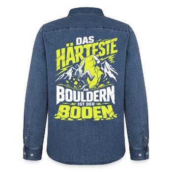 Härteste am Bouldern ist der Boden - Männer Jeanshemd Organic von Stanley/Stella - verwaschenes Mittelblau  - Hinten - AI Model Male 185 light (185cm)