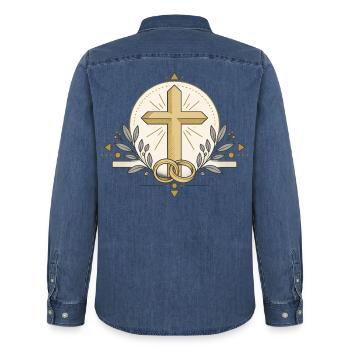 Kreuz und Ringe – Glaube und Bund - Männer Jeanshemd Organic von Stanley/Stella - verwaschenes Mittelblau  - Hinten - AI Model Male 185 light (185cm)
