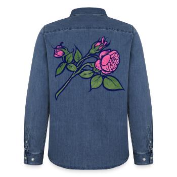Rosa Rose mit neonblauer Kontur - Männer Jeanshemd Organic von Stanley/Stella - verwaschenes Mittelblau  - Hinten - AI Model Male 185 light (185cm)