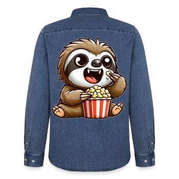 Lustiges Faultier Popcorn Kino Vampir Zähne Film - Männer Jeanshemd Organic von Stanley/Stella - verwaschenes Mittelblau  - Hinten - AI Model Male 185 light (185cm)