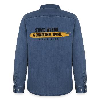 Staad werdn – 's Christkindl kimmt - Männer Jeanshemd Organic von Stanley/Stella - verwaschenes Mittelblau  - Hinten - AI Model Male 185 light (185cm)