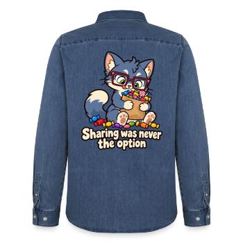Teilen war nie die Option – Candy Cat - Männer Jeanshemd Organic von Stanley/Stella - verwaschenes Mittelblau  - Hinten - AI Model Male 185 light (185cm)