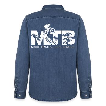 MTB Downhill – Mountainbike Trail & Bergpanorama - Männer Jeanshemd Organic von Stanley/Stella - verwaschenes Mittelblau  - Hinten - AI Model Male 185 light (185cm)
