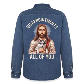 Disappointments Jesus mit Husky - Männer Jeanshemd Organic von Stanley/Stella - verwaschenes Mittelblau  - Hinten - AI Model Male 185 light (185cm)