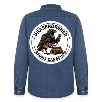 Tontechniker Phasendreher PA System - Männer Jeanshemd Organic von Stanley/Stella - verwaschenes Mittelblau  - Hinten - AI Model Male 185 light (185cm)